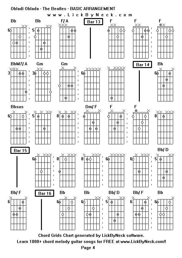 Chord Grids Chart of chord melody fingerstyle guitar song-Obladi Oblada - The Beatles - BASIC ARRANGEMENT,generated by LickByNeck software.